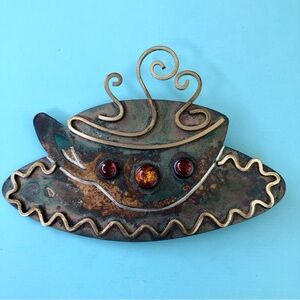 Charming coffee teacup brooch pin sterling silver rustic patina